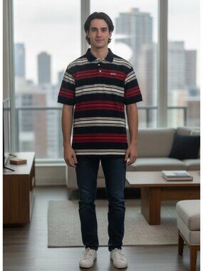 Avirex XXL Black, Red, and White Striped Polo Shirt